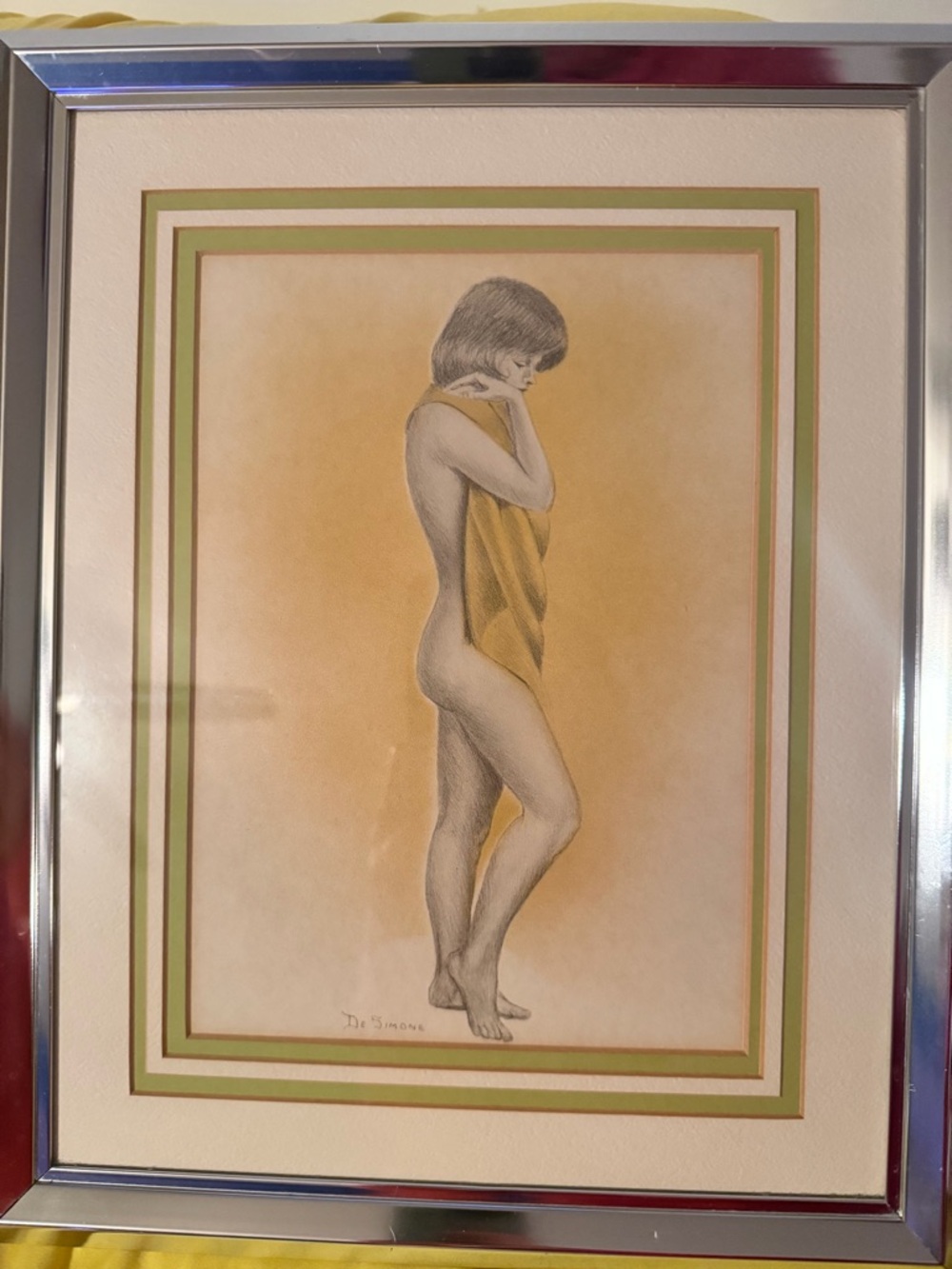 VINTAGE PENCIL DRAWING SKETCH NUDE WOMAN SIGNED DE SIMONE  FRAMED
